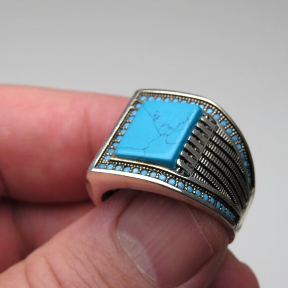 *925 Sterling Silver Turquoise Indian Tibet  Men\'s Ring